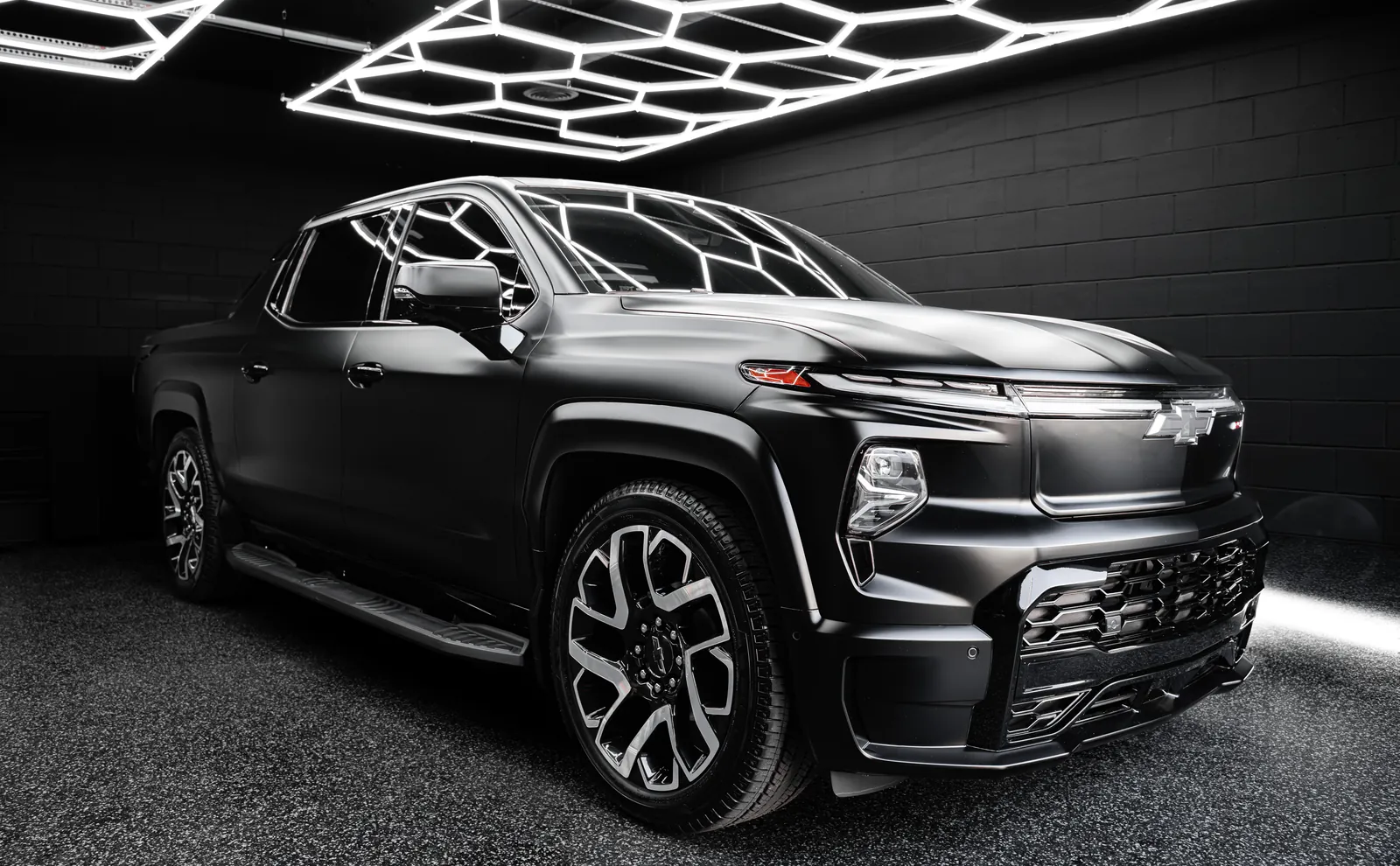 Satin black Chevrolet Silverado EV RST with full body Stealth paint protection film
