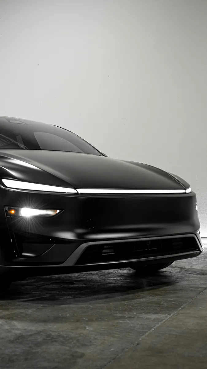Nose and front light bar of a Tesla Model Y Performance with satin Stealth film